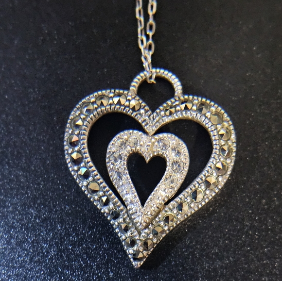 Judith Jack Jewelry - JUDITH JACK Silver Heart Necklace w Marcasite & Crystal Rhinestones